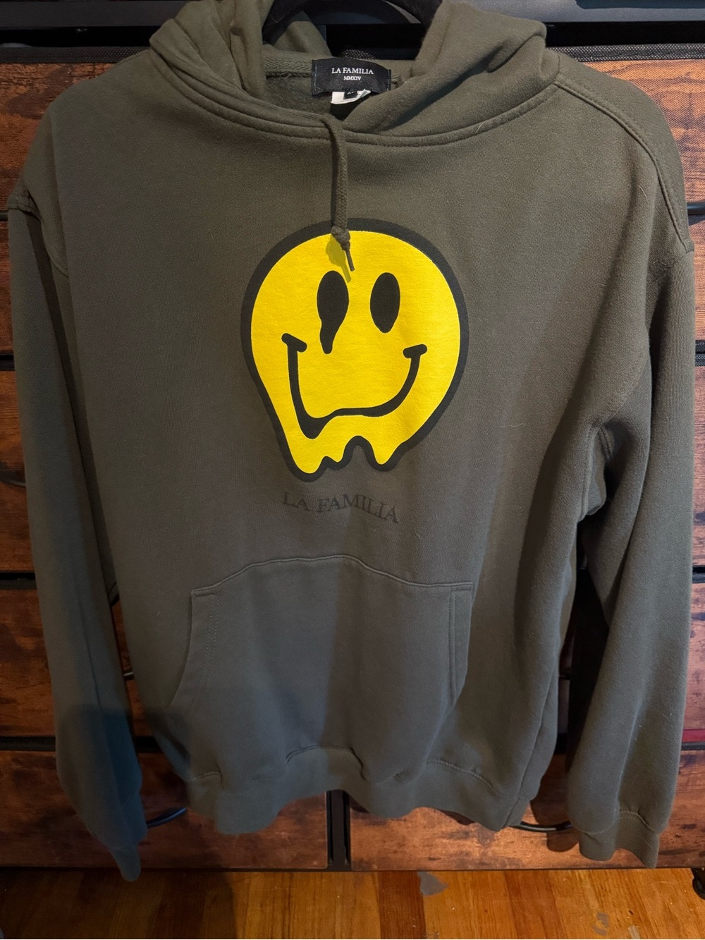 La Familia Men's Crewneck Hoodie in Olive Green with Yellow Smiley